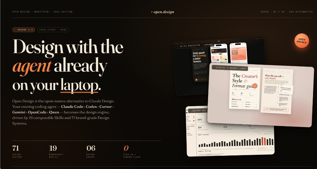 Open Design — editorial cover: design with the agent on your laptop